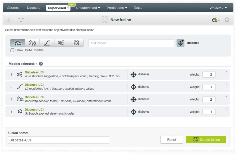 Creating a Fusion by selecting models with the same objective field.