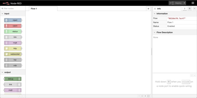 The Node-RED flow editor on launch