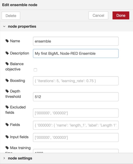 BigML Ensemble configuration