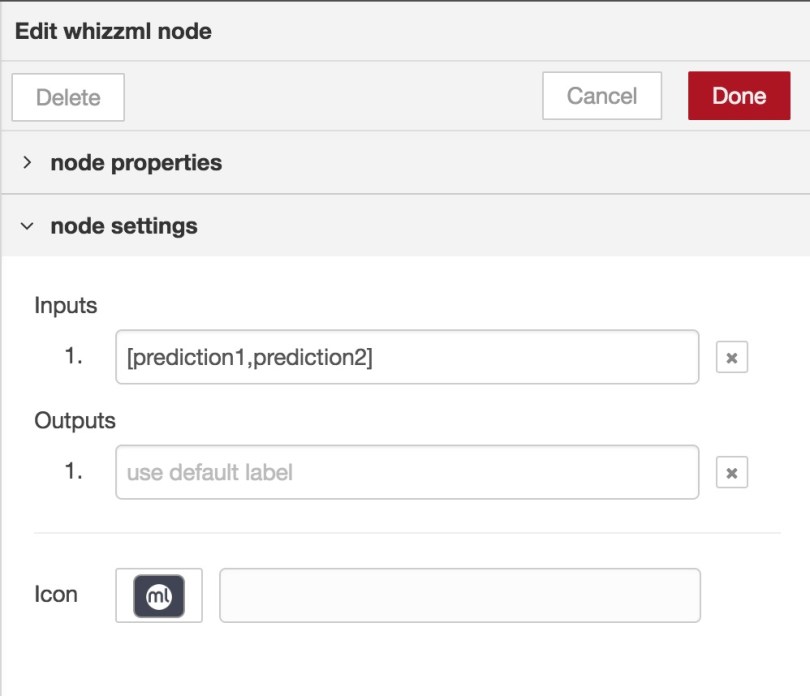 Specifying the inputs to the WhizzML node